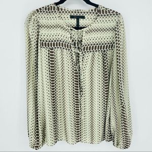 BCBGMazAzria Lorella Khaki Combo Blouse Balloon Sleeves V-Neck Long Sleeve Top